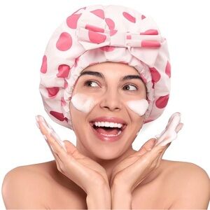 Mulberry Silk Lined Pink Polka Dot Shower Cap with Bow Accent